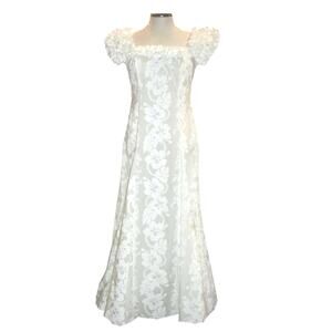 Vintage Ky's Hawaiian XL Off Shoulder Maxi Dress Floral Wedding Polynesian White